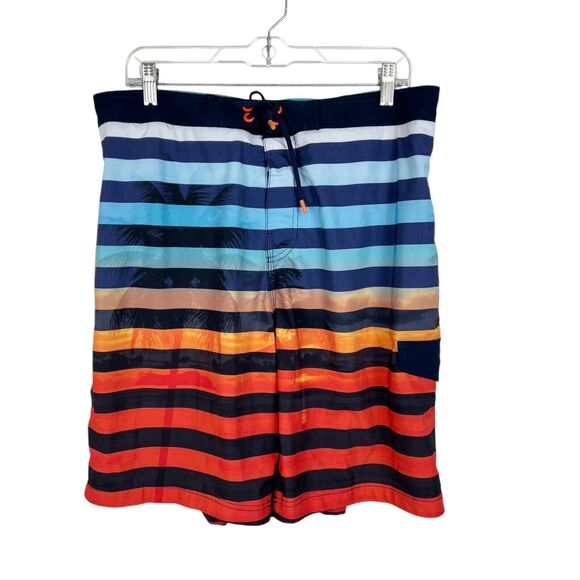 Speedo Board Shorts Men Large Blue Orange Striped Swim Beach Surf Active Bottoms - Picture 1 of 13